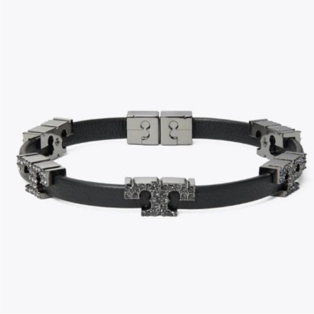 Tory Burch Serif T Bracelet with Pave Stones and Black Leather